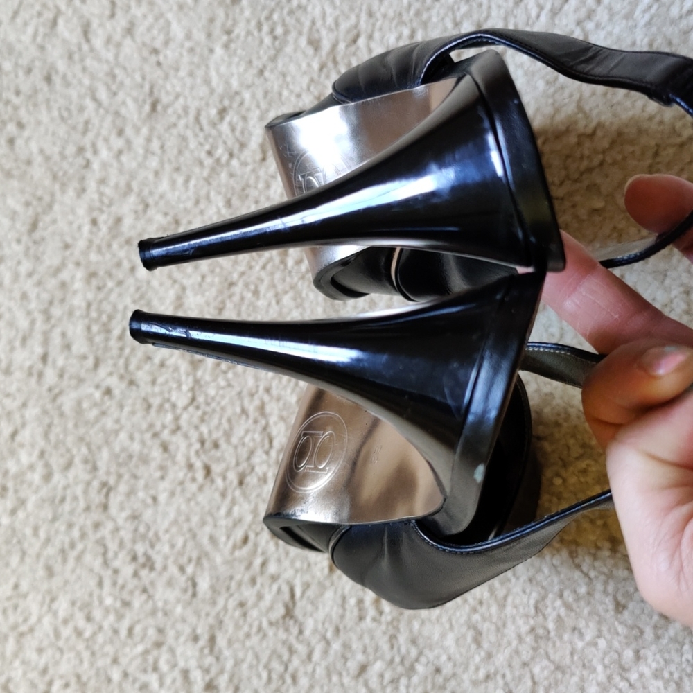 bebe Black Patent Peep-Toe Slingback Platform Heels - Picture 6 of 7